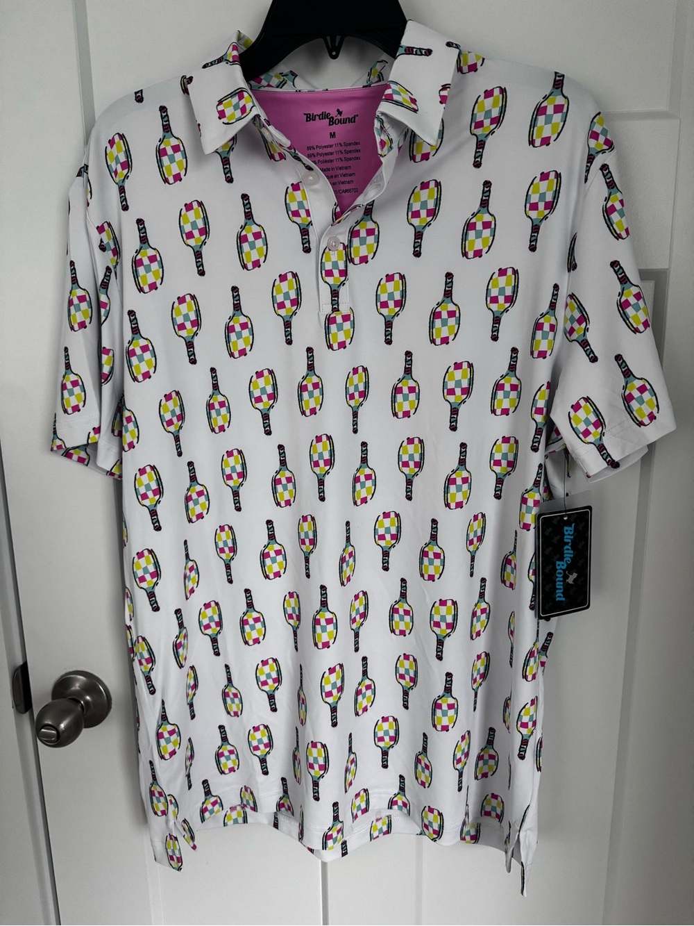 Birdies White Polo with Multicolor pickle ball Paddle Print